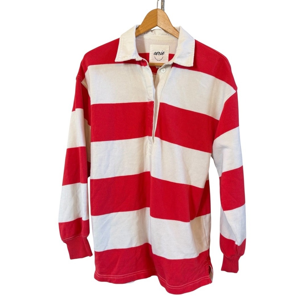 Wms Aerie Oversized XXS (or S/M) Red/White Striped‎ Y2K Style Preppy Rugby Top